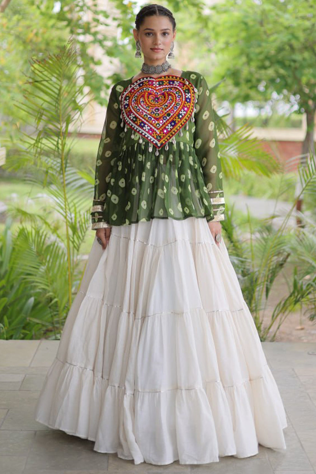 Pearl White Cotton Flared Peplum Chaniya Choli with Kachchi Work