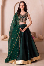 Emerald Green Organza Embroidered Lehenga Choli with Scalloped Dupatta