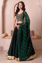 Emerald Green Organza Embroidered Lehenga Choli with Scalloped Dupatta