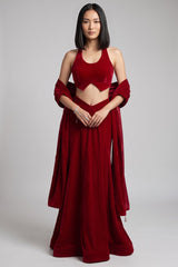 Maroon Velvet Halter Blouse & Draped Lehenga Set