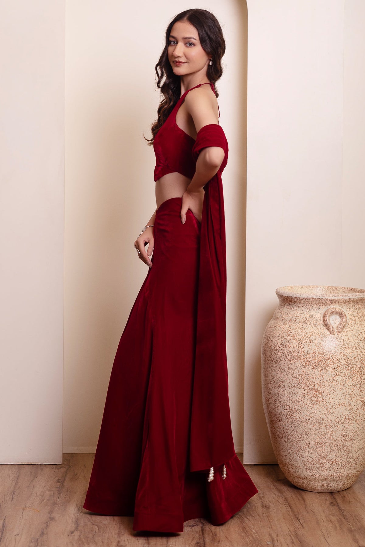 Maroon Velvet Halter Blouse & Draped Lehenga Set