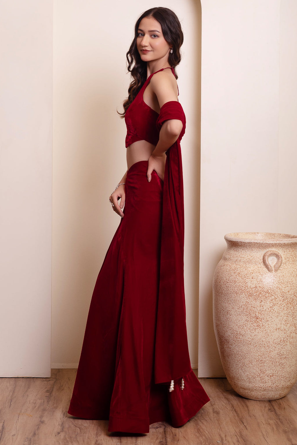 Maroon Velvet Halter Blouse & Draped Lehenga Set