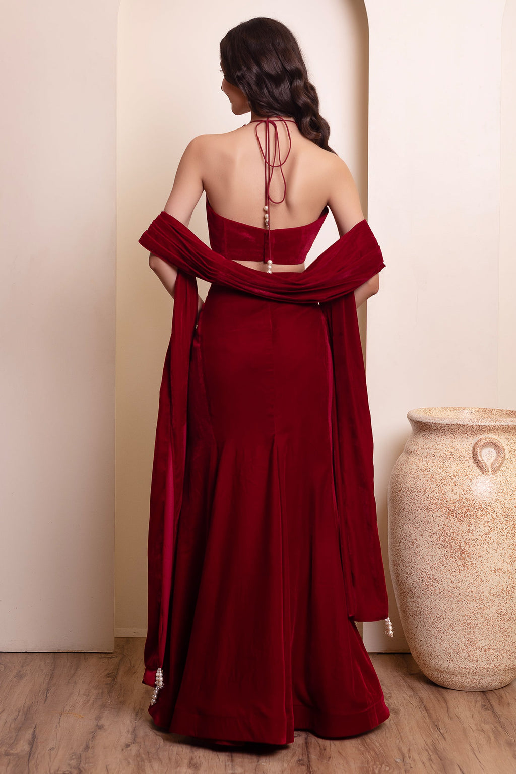 Maroon Velvet Halter Blouse & Draped Lehenga Set