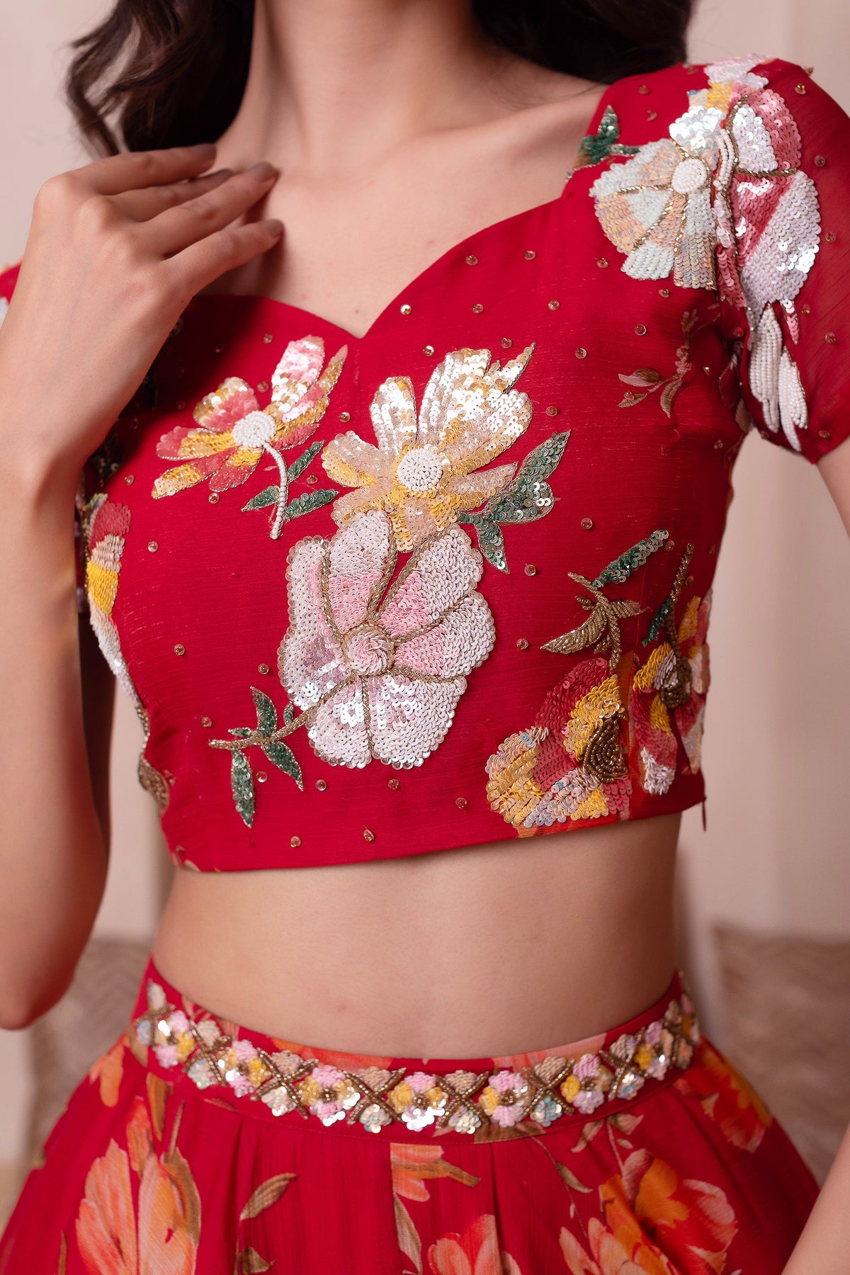 Scarlet Red Floral Print Chiffon Lehenga Choli