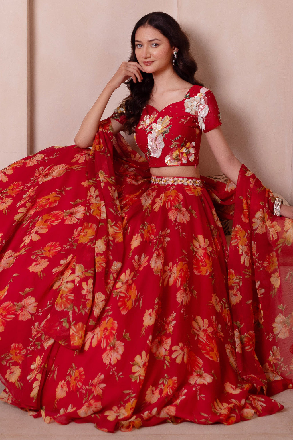 Scarlet Red Floral Print Chiffon Lehenga Choli