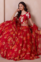 Scarlet Red Floral Print Chiffon Lehenga Choli