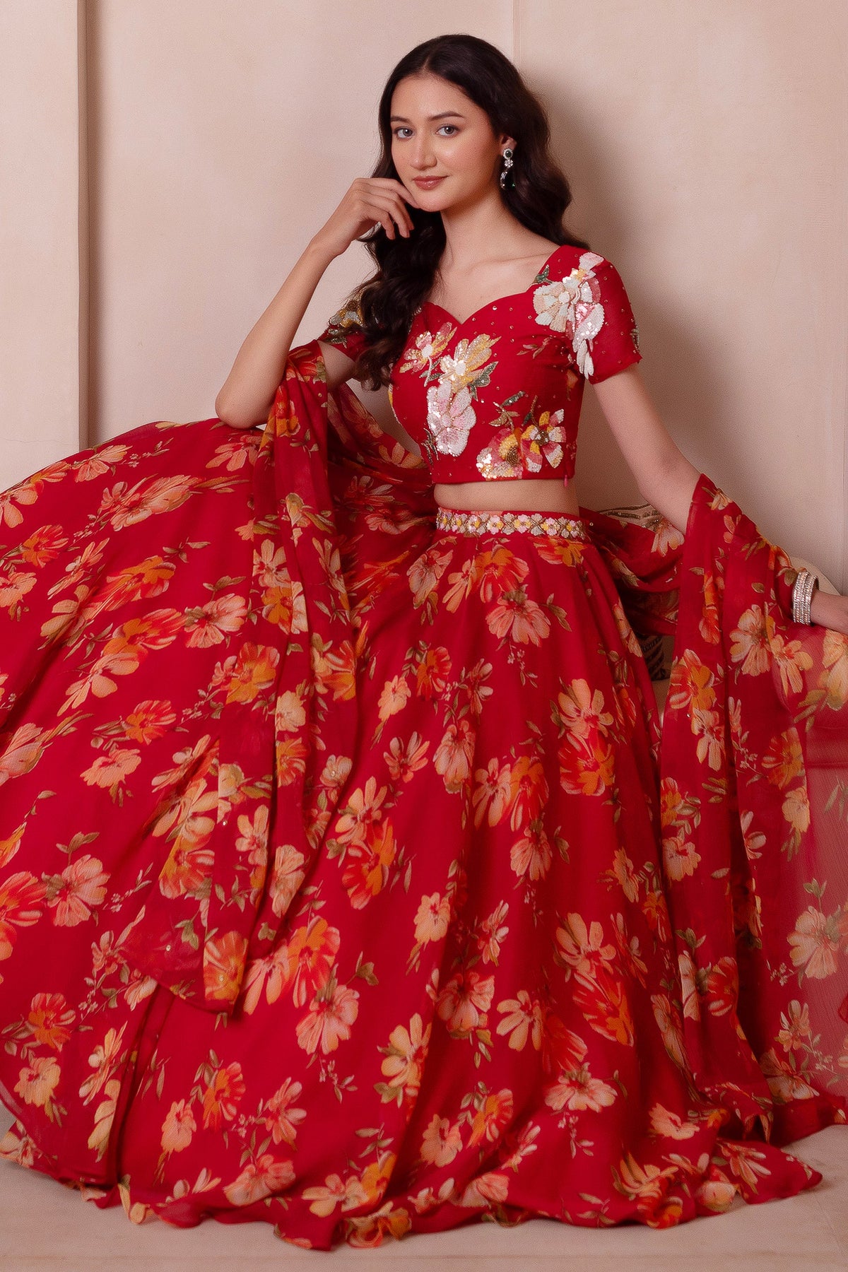 Scarlet Red Floral Print Chiffon Lehenga Choli