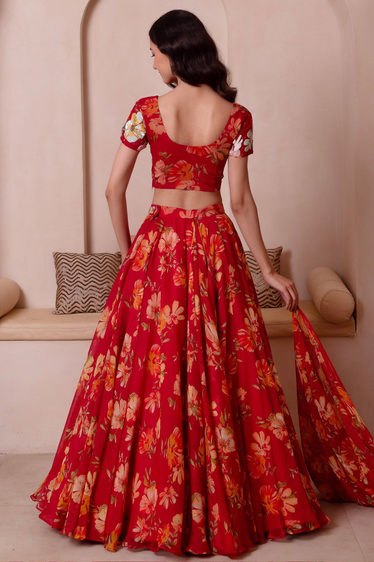 Scarlet Red Floral Print Chiffon Lehenga Choli