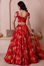 Scarlet Red Floral Print Chiffon Lehenga Choli