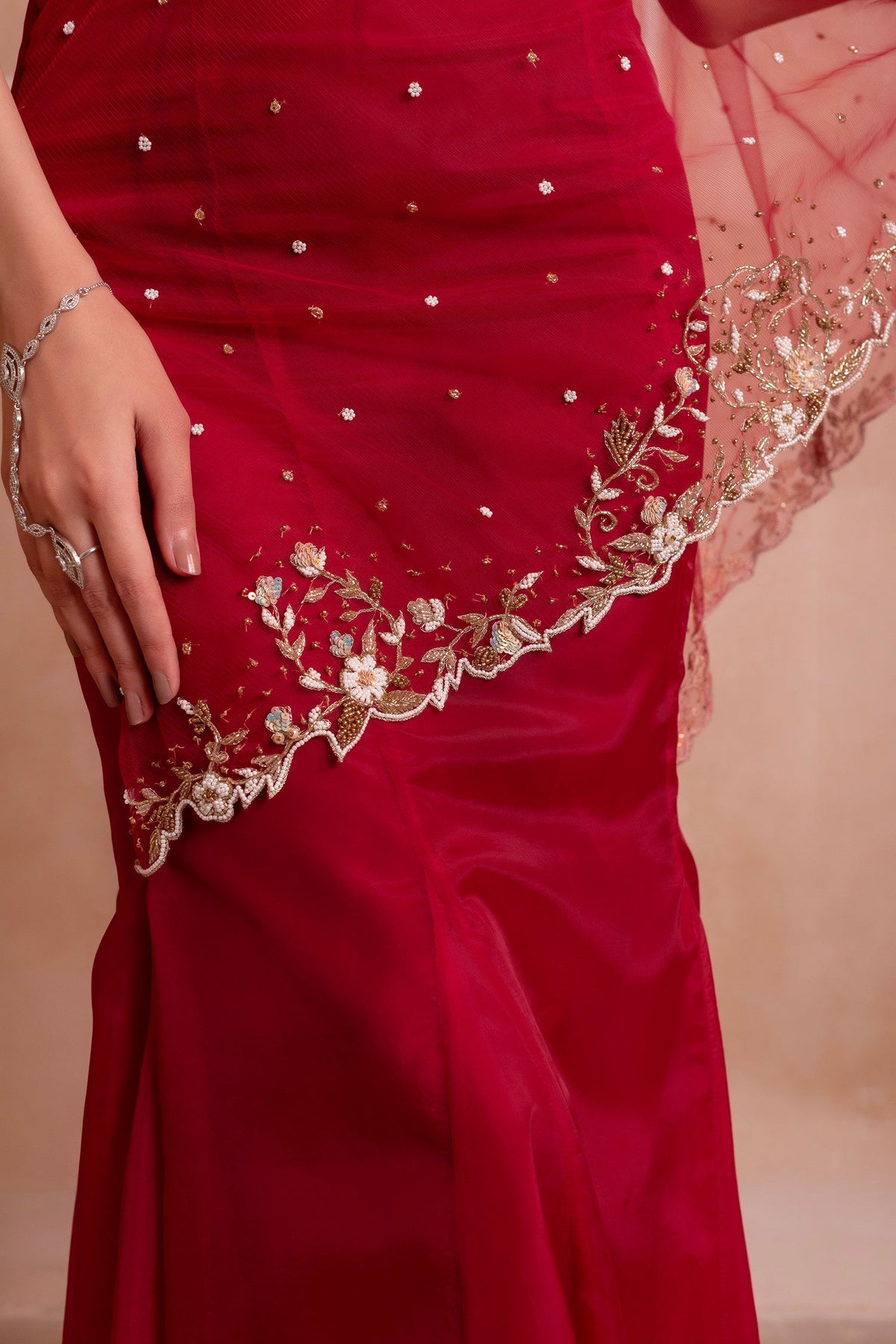 Deep Red Organza Mermaid Pearl Embellished Draped Lehenga Set