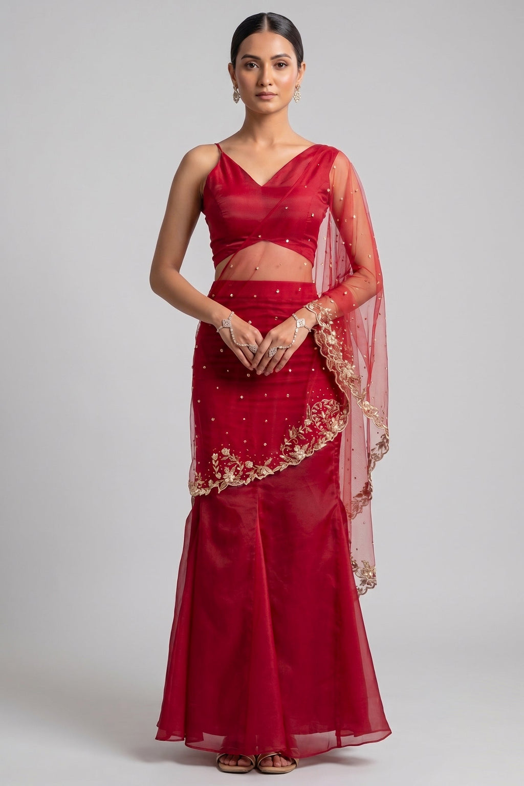 Deep Red Organza Mermaid Pearl Embellished Draped Lehenga Set