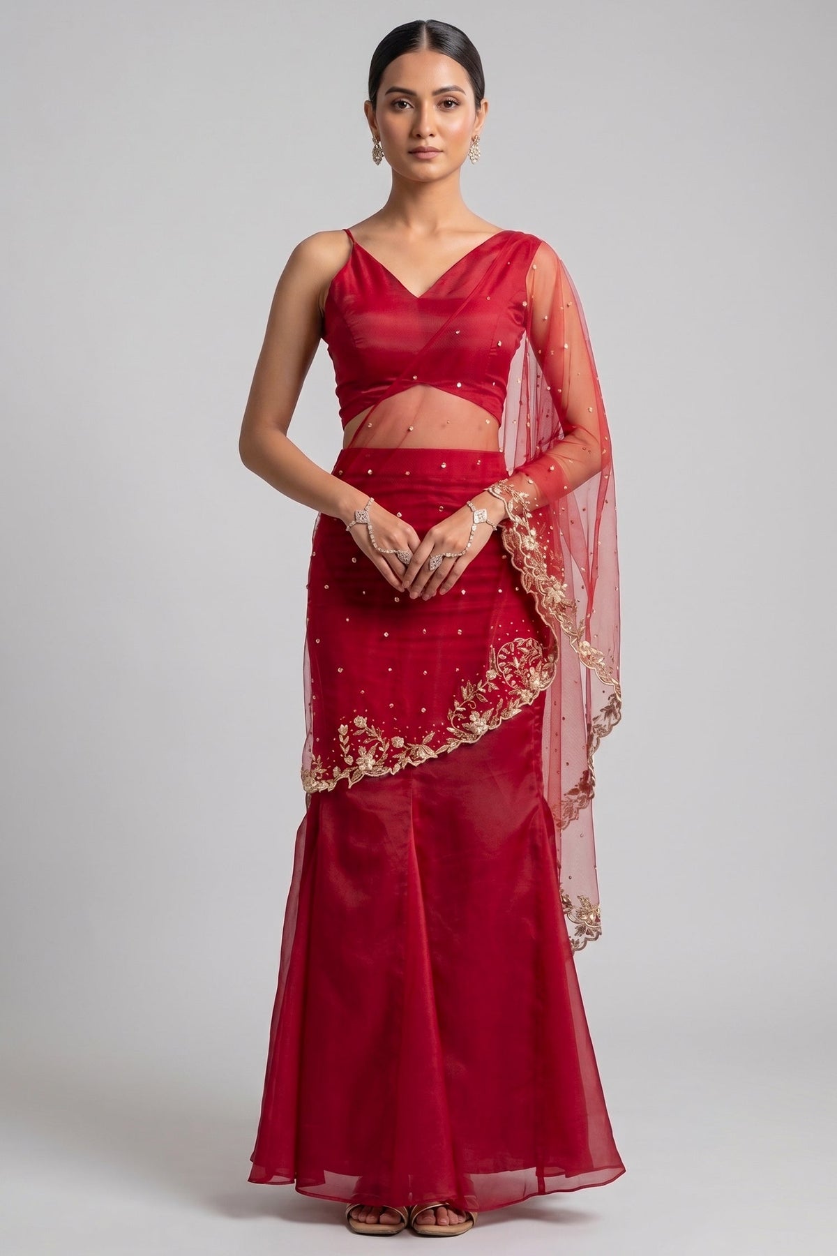 Deep Red Organza Mermaid Pearl Embellished Draped Lehenga Set