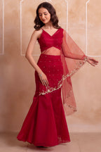 Deep Red Organza Mermaid Pearl Embellished Draped Lehenga Set