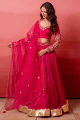 Rani Pink Organza Embroidered Lehenga Choli with Gold Border