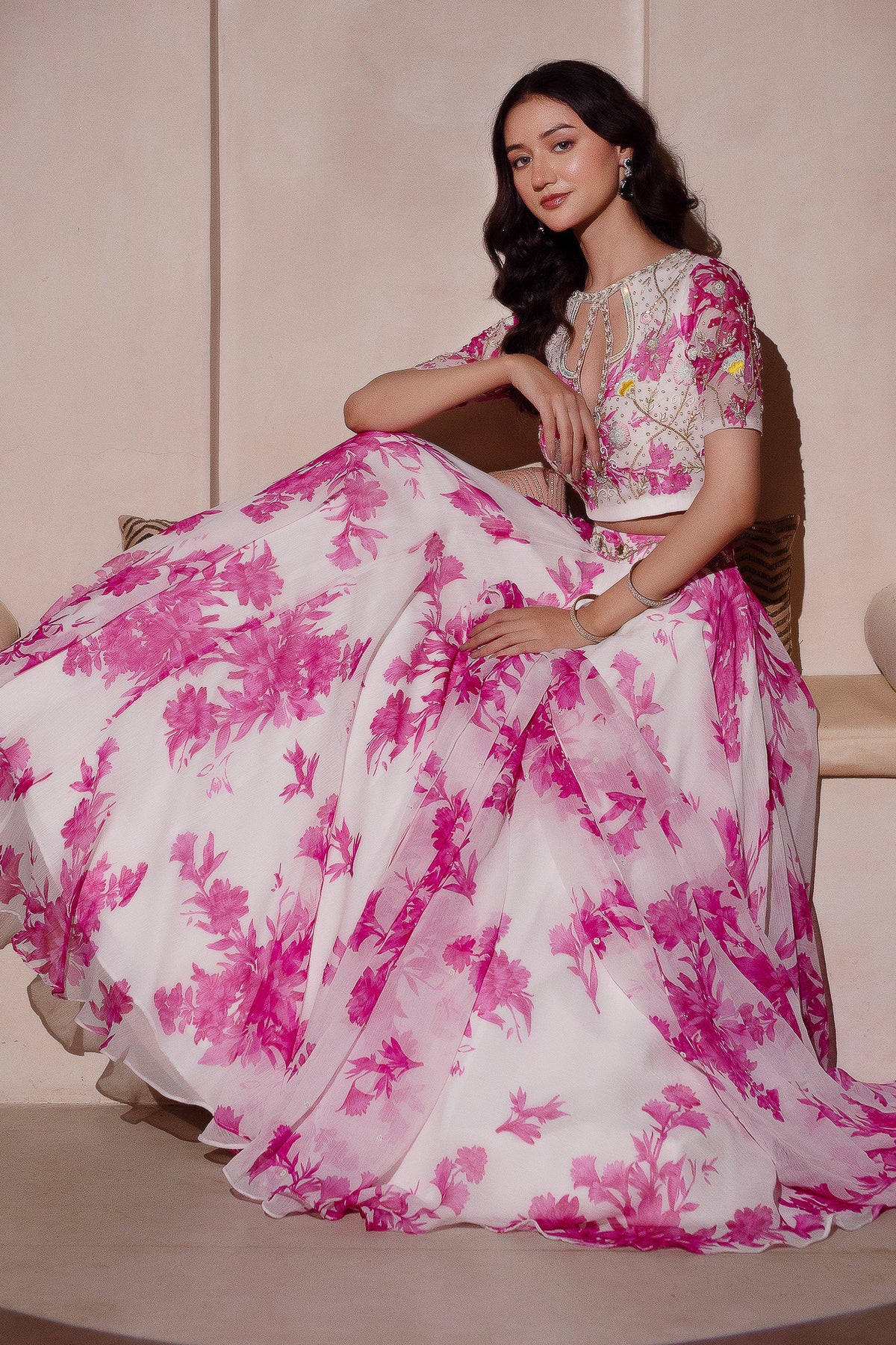 White Floral Printed Chiffon Lehenga Set with Keyhole Blouse