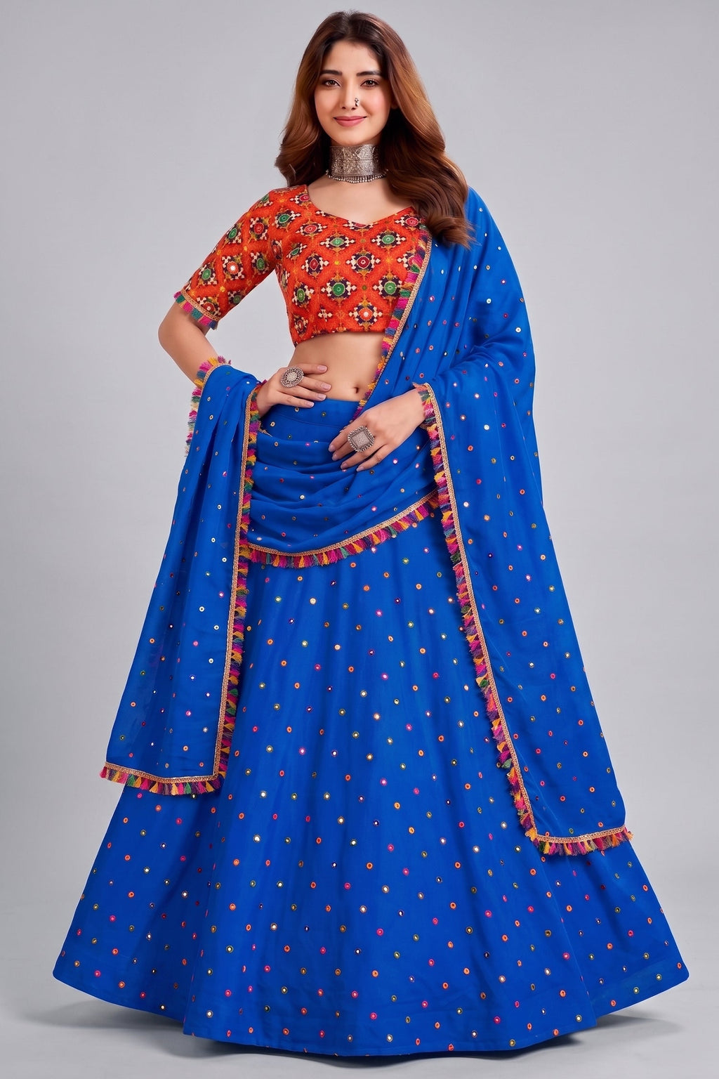 Blue Rayon Chaniya Choli with Kachchi Mirror Work