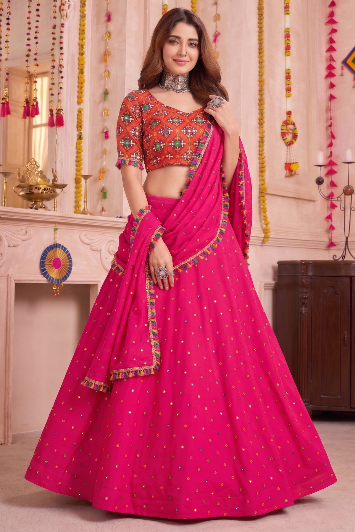 Pink Rayon Chaniya Choli with Kachchi Mirror Work