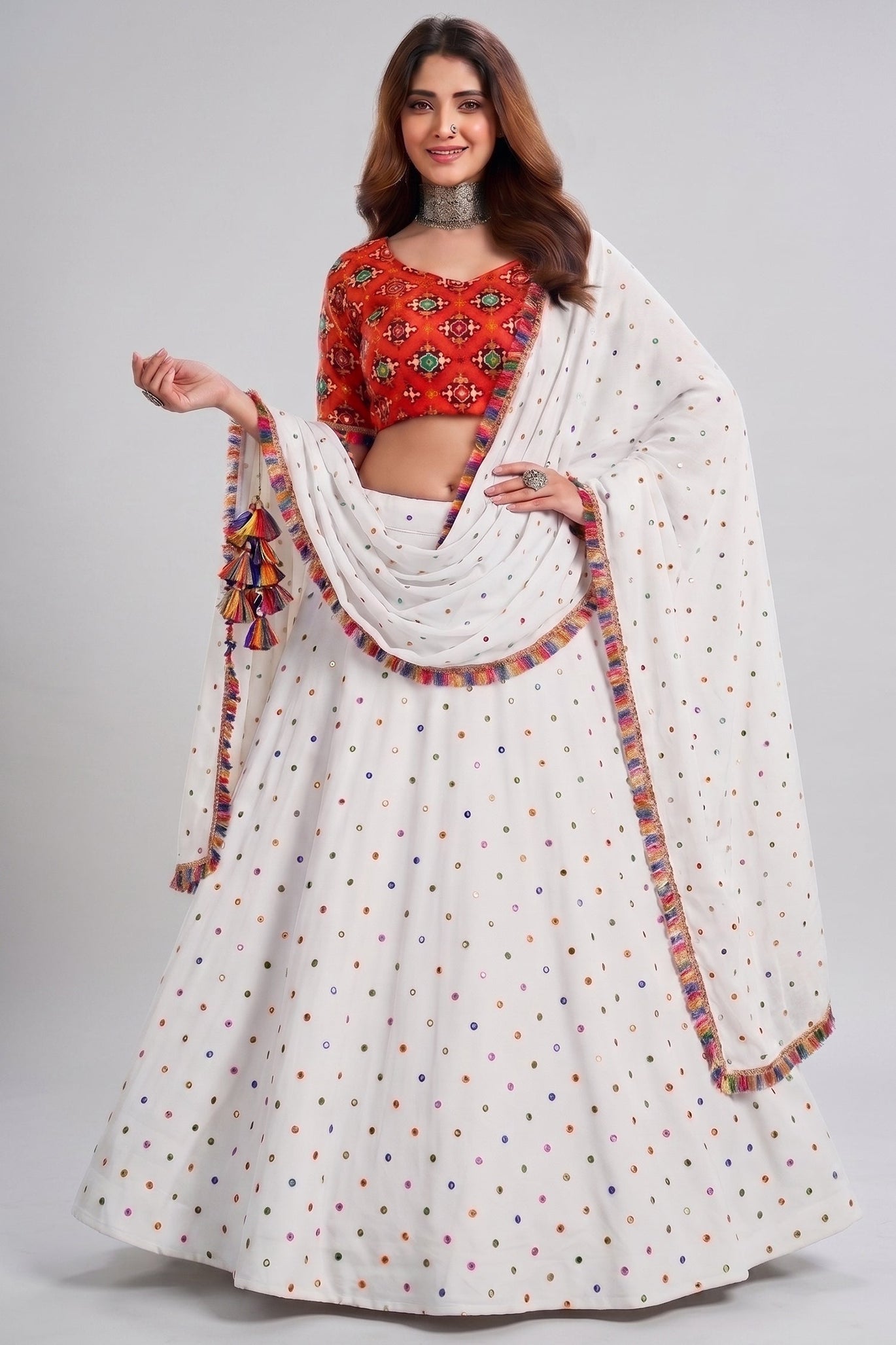 White Rayon Chaniya Choli with Kachchi Mirror Work from Asopalav