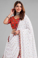 White Rayon Chaniya Choli with Kachchi Mirror Work