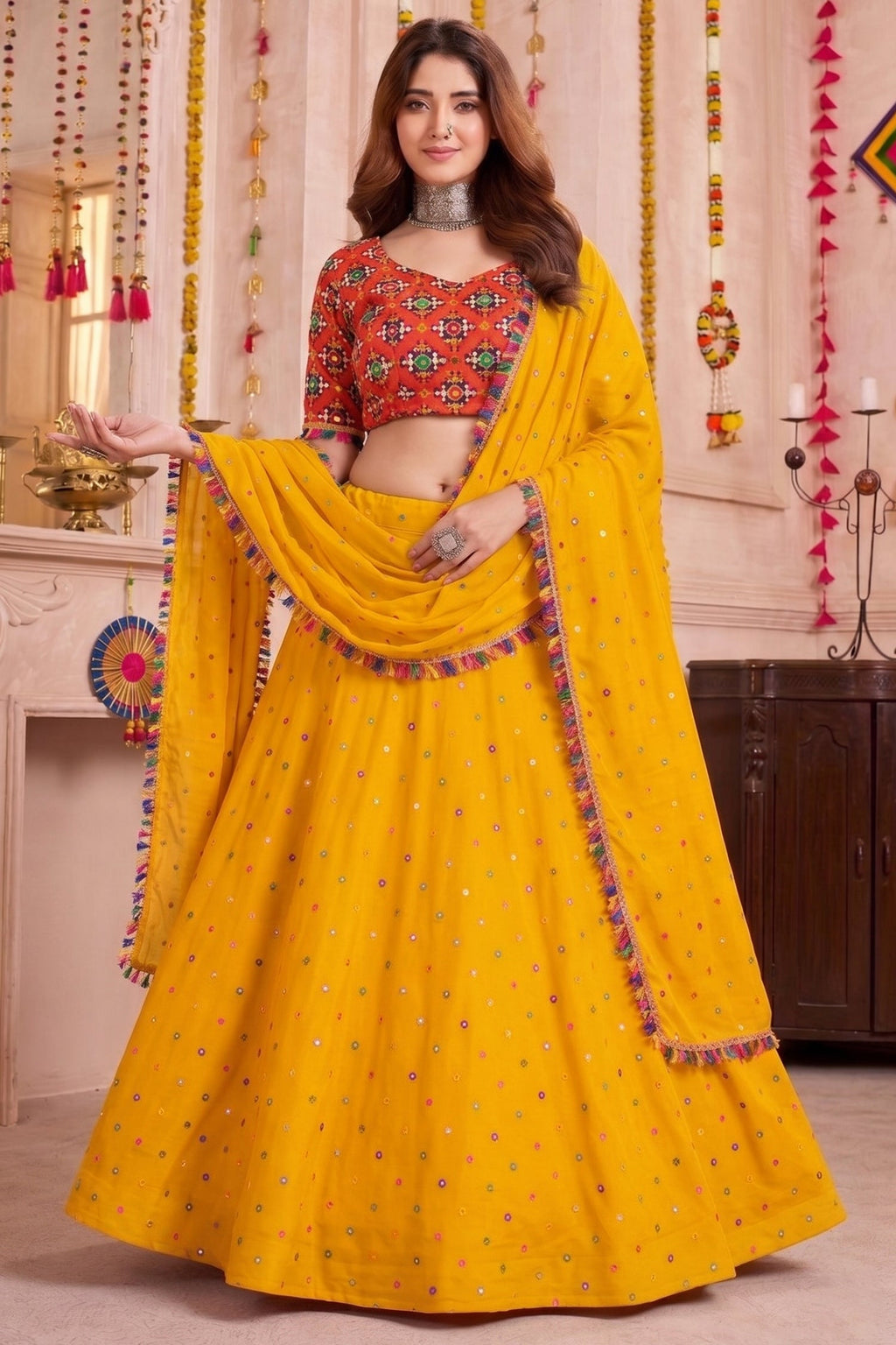 Yellow Rayon Chaniya Choli with Kachchi Mirror Work