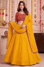 Yellow Rayon Chaniya Choli with Kachchi Mirror Work