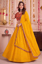 Yellow Rayon Chaniya Choli with Kachchi Mirror Work