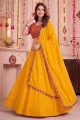 Yellow Rayon Chaniya Choli with Kachchi Mirror Work