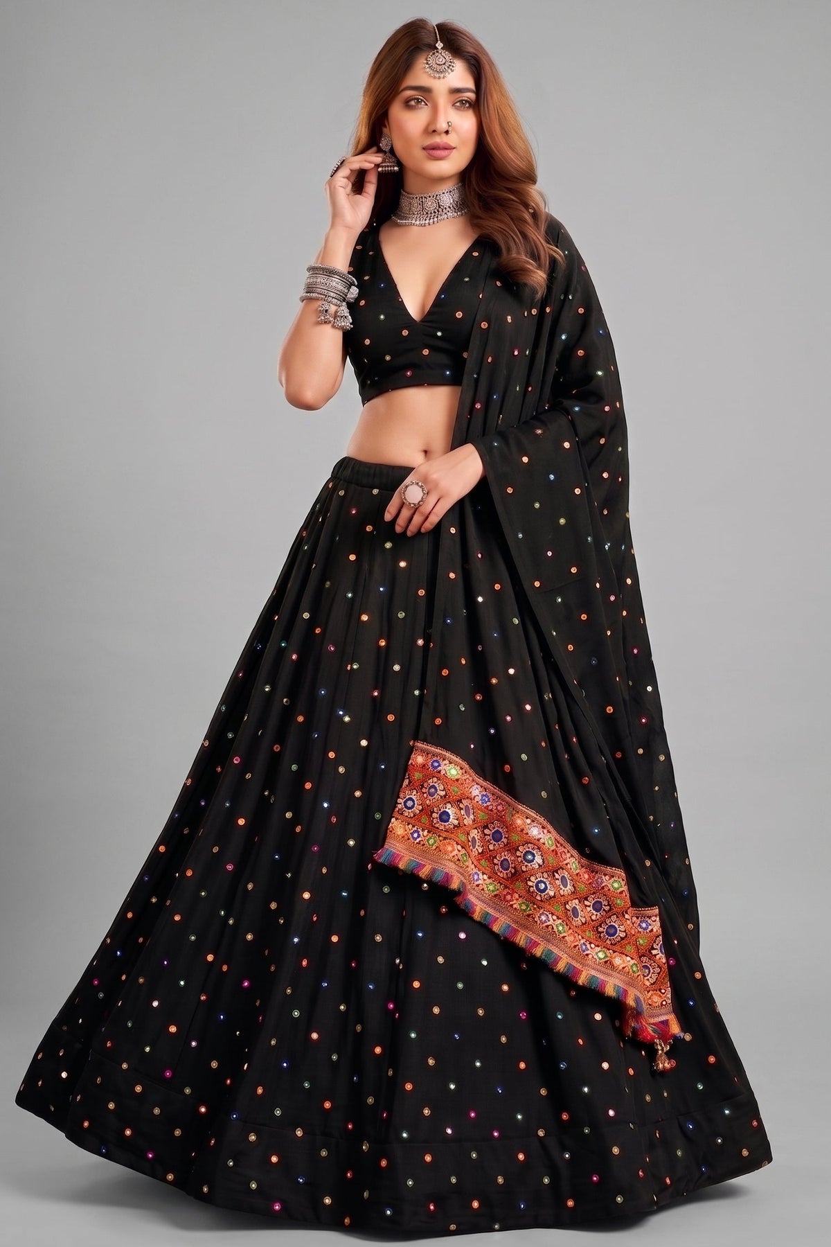 Black Rayon Chaniya Choli with Kachchi Mirror Work