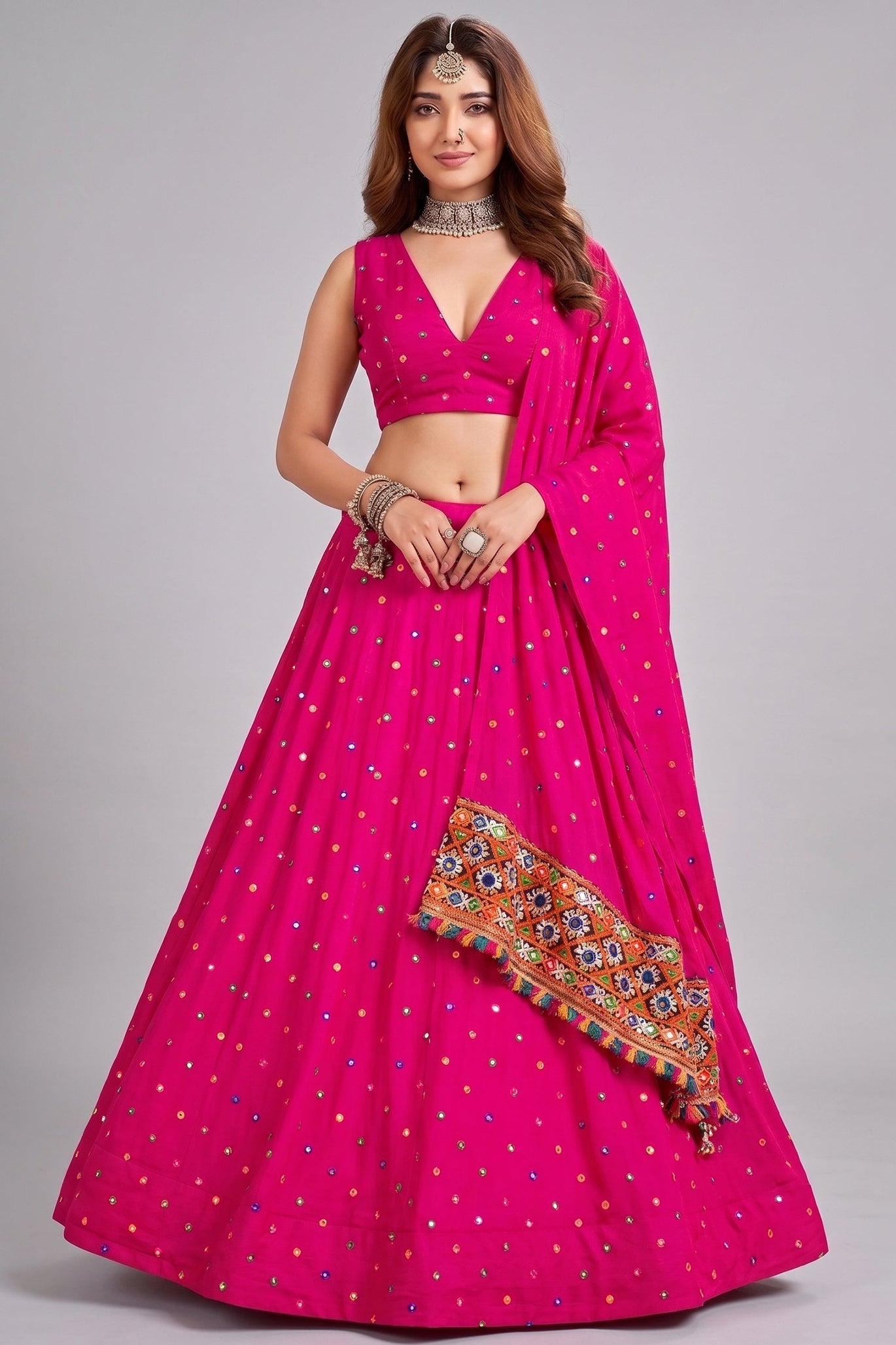 Pink Rayon Chaniya Choli with Kachchi Mirror Work from Asopalav