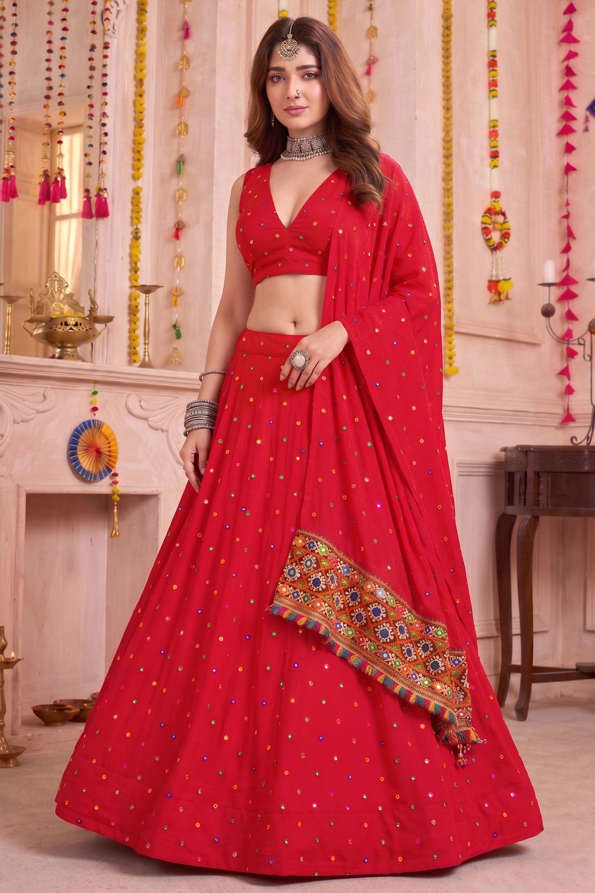 Red Rayon Chaniya Choli with Kachchi Mirror Work