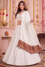 White Rayon Chaniya Choli with Kachchi Mirror Work