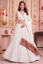 White Rayon Chaniya Choli with Kachchi Mirror Work