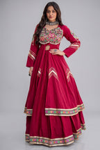 Maroon Cotton Chaniya with Mirror and Kachchi Work Long Top