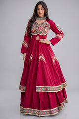 Maroon Cotton Chaniya with Mirror and Kachchi Work Long Top