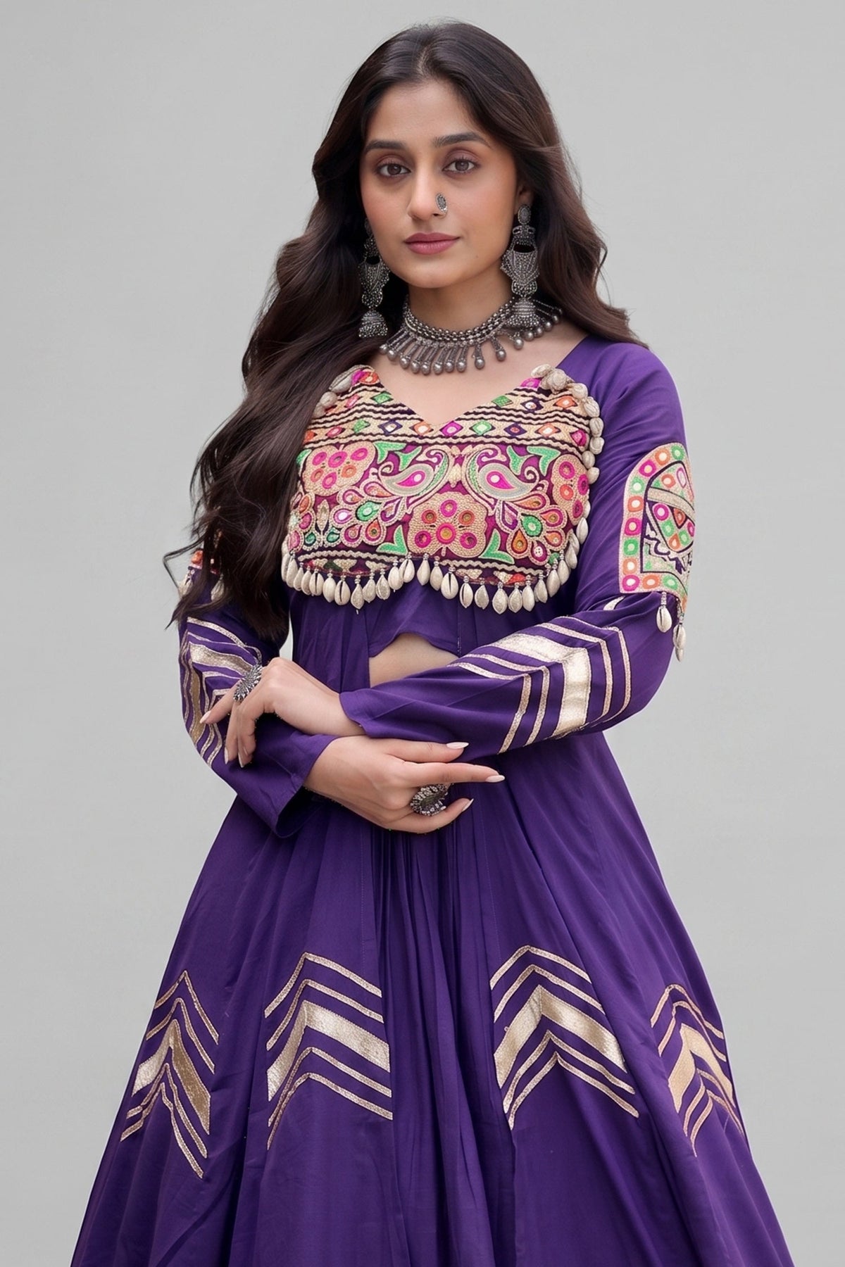 Purple Cotton Chaniya with Mirror and Kachchi Work Long Top