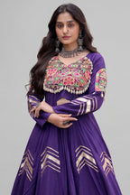 Purple Cotton Chaniya with Mirror and Kachchi Work Long Top