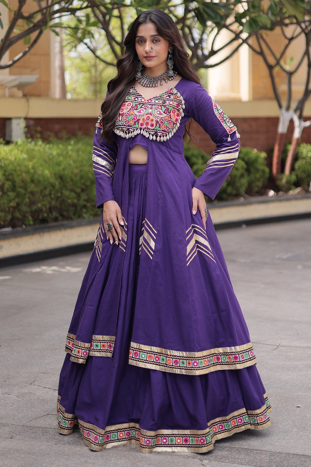 Purple Cotton Chaniya with Mirror and Kachchi Work Long Top