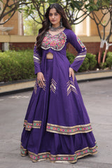Purple Cotton Chaniya with Mirror and Kachchi Work Long Top