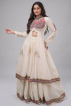 White Cotton Chaniya with Mirror and Kachchi Work Long Top