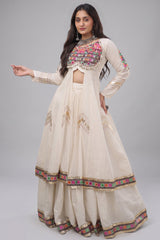 White Cotton Chaniya with Mirror and Kachchi Work Long Top