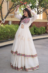 White Cotton Chaniya with Mirror and Kachchi Work Long Top