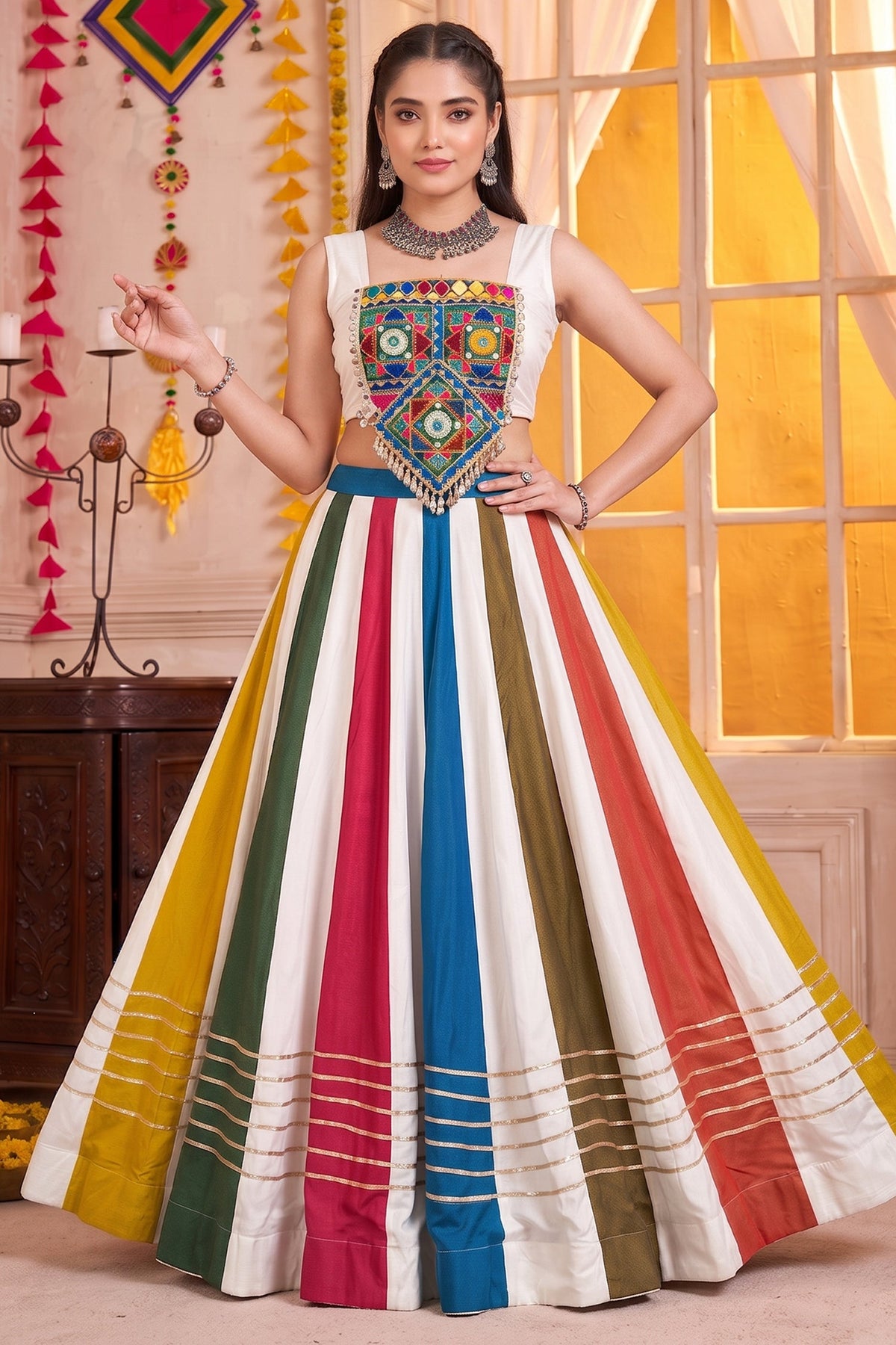 White Multi Panel Rayon Gamthi & Mirror Work Navratri Lehenga Choli