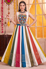 White Multi Panel Rayon Gamthi & Mirror Work Navratri Lehenga Choli