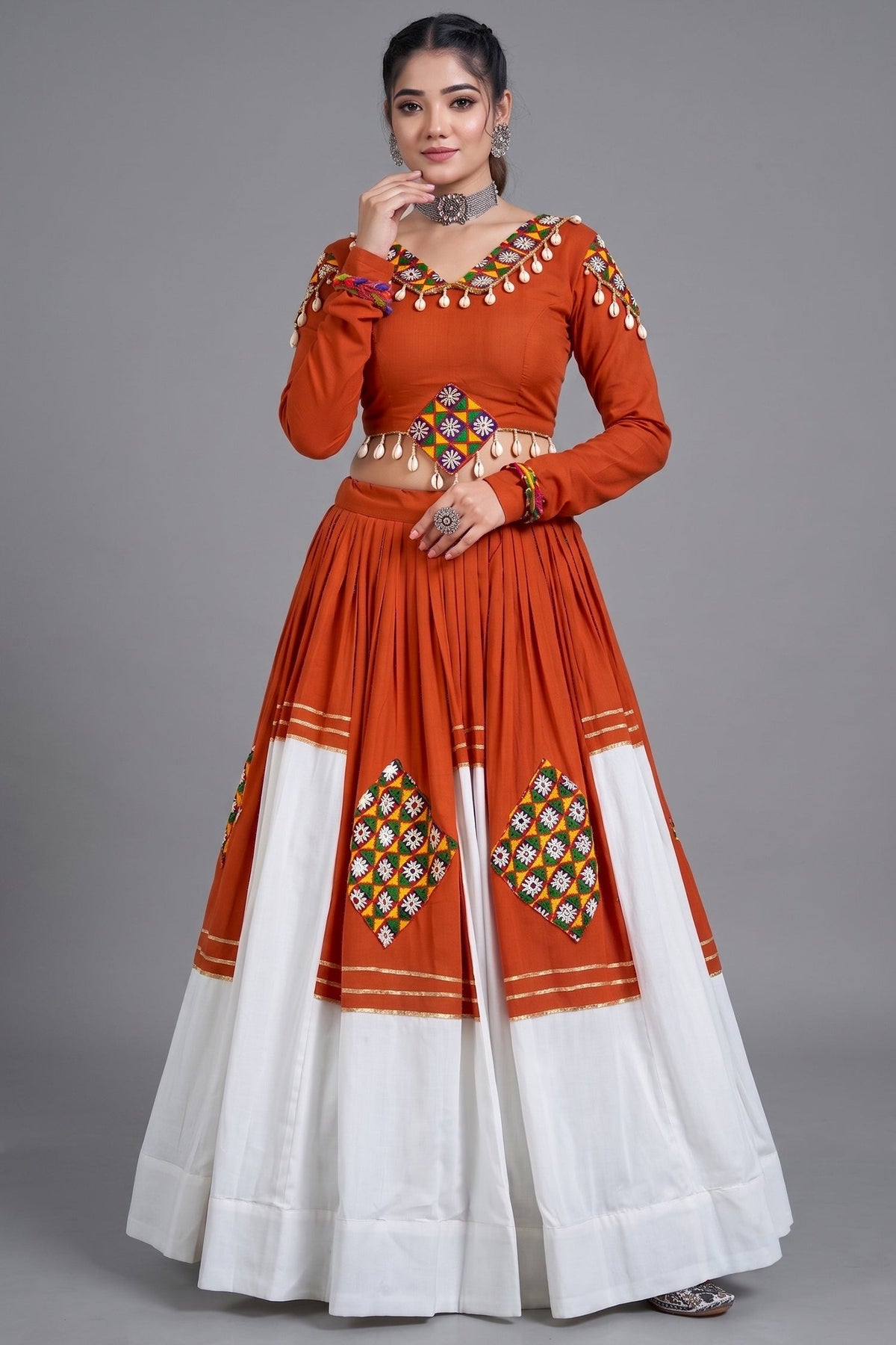 Rust Orange & White Rayon Gamthi Patch Work Lehenga Choli
