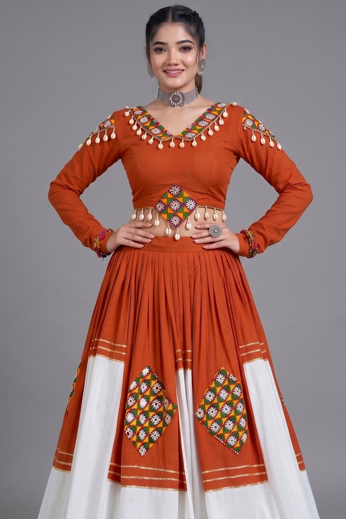 Rust Orange & White Rayon Gamthi Patch Work Lehenga Choli