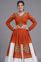 Rust Orange & White Rayon Gamthi Patch Work Lehenga Choli