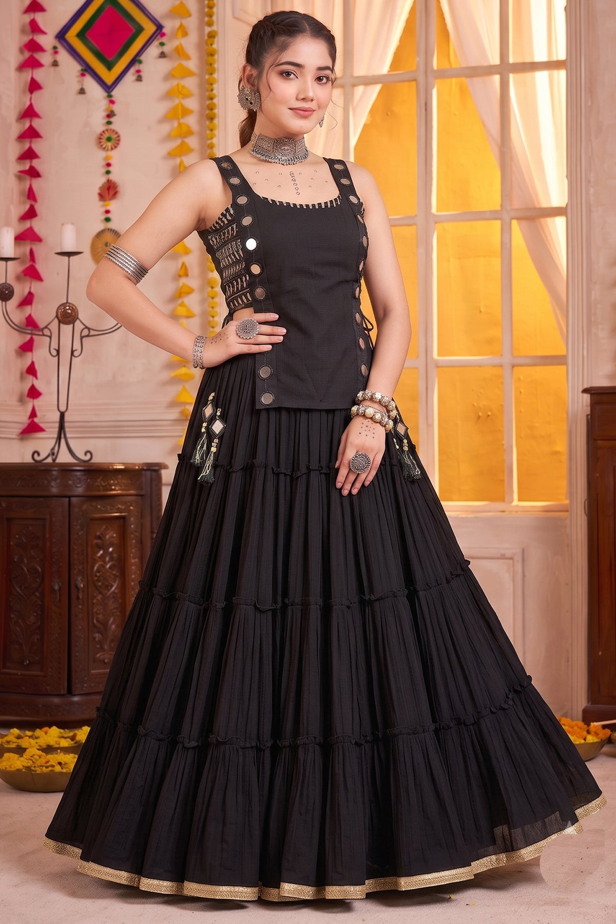 Black Georgette Tiered Mirror Work Koti Lehenga Set