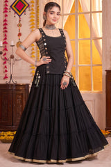 Black Georgette Tiered Mirror Work Koti Lehenga Set