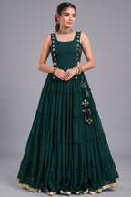 Emerald Green Georgette Tiered Mirror Work Koti Lehenga Set