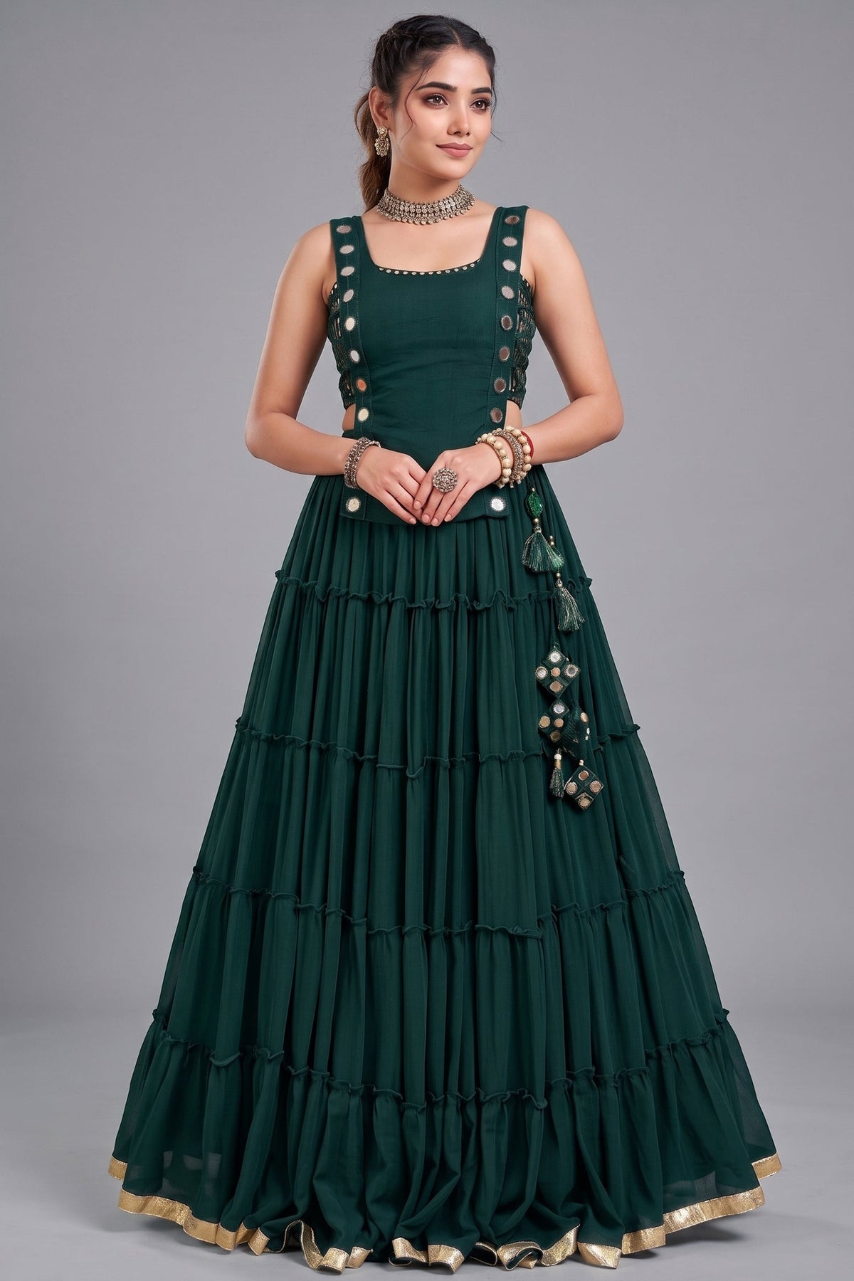 Emerald Green Georgette Tiered Mirror Work Koti Lehenga Set